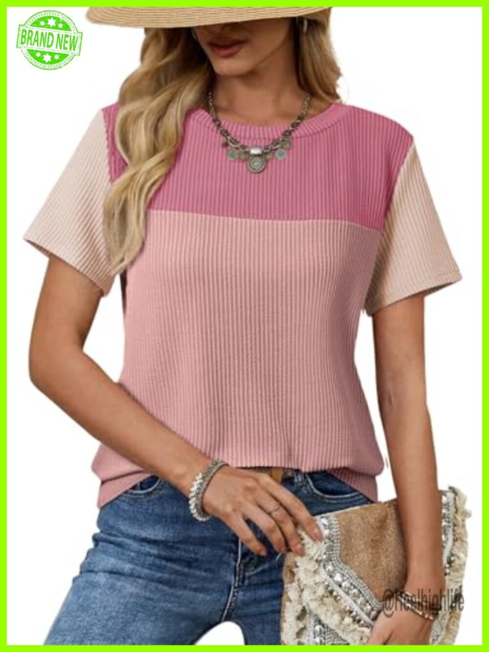Womens Color Block Knit T Shirt Loose Fit Crewneck Short Sleeve Casual Top